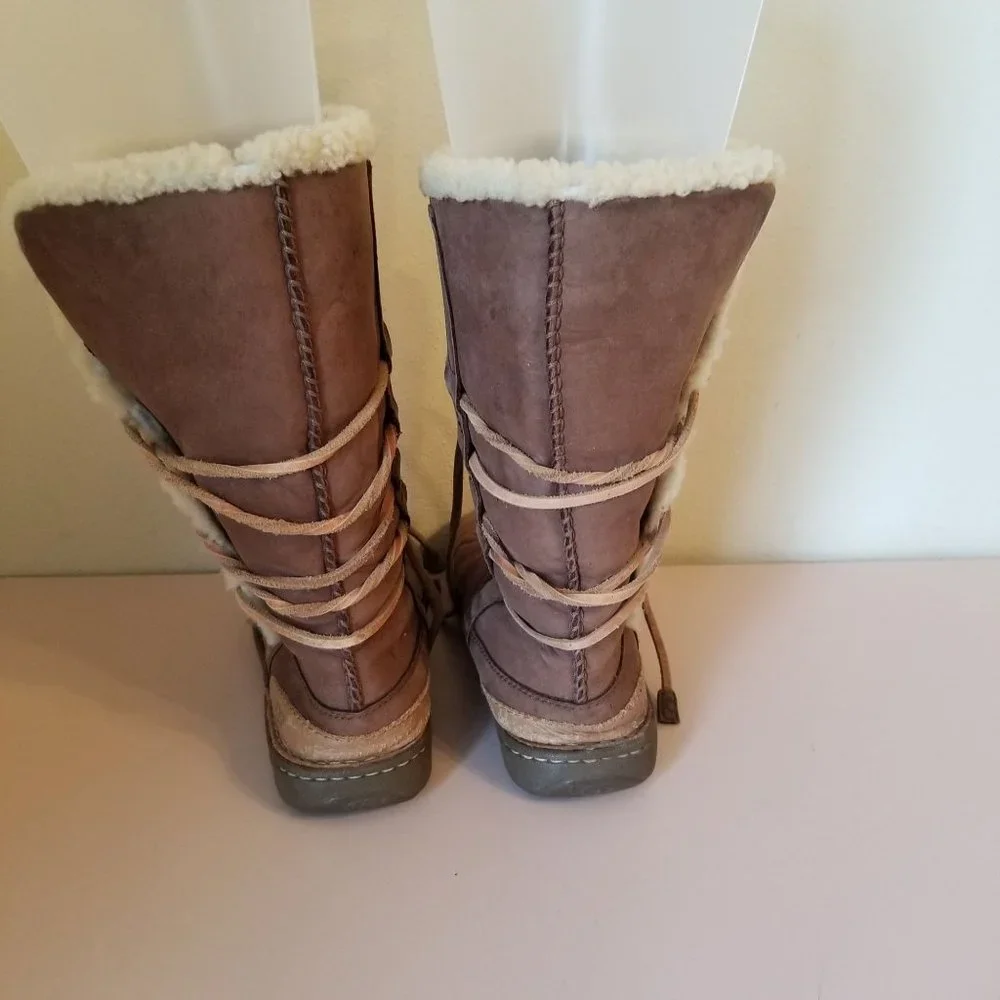 Ugg 9 Tall Boots 1634 CATALINA Brown‎ Leather Sheepskin Lace Up Wrap Around